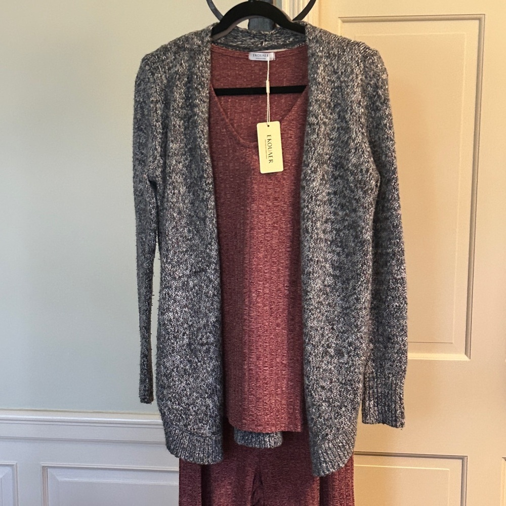 LOFT Gray Open-Front Cardigan Sweater Marled Gray Burgundy White Size Small - Picture 8 of 13